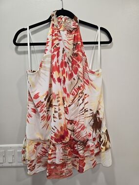 AGB Halter Ruffle Camisole in Red, Brown & Cream Print